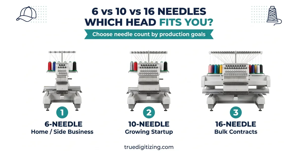 Side-by-side comparison of 6-needle, 10-needle, and 16-needle embroidery machine heads