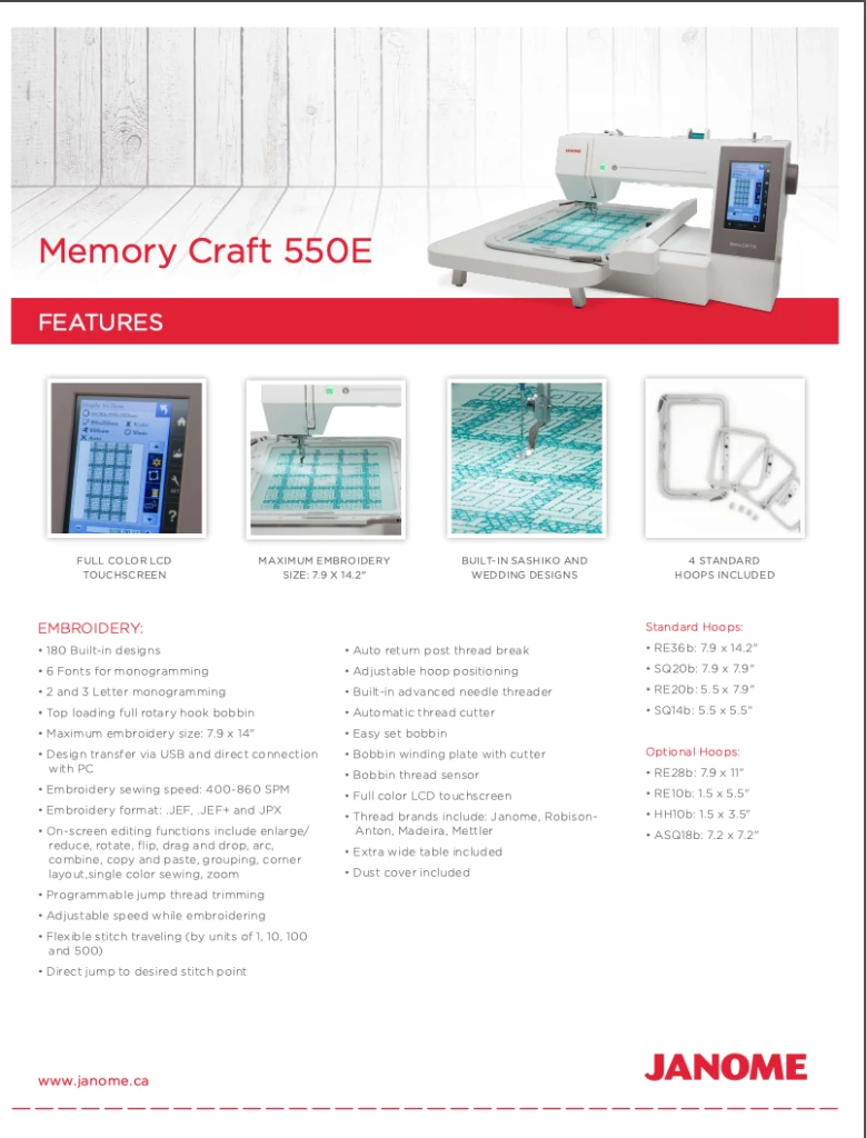 Features of the Janome 550E