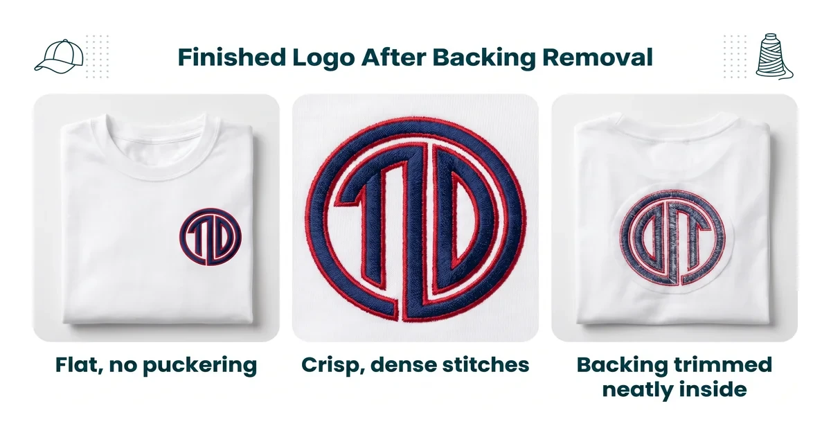 Finished embroidered logo on a t-shirt after proper backing removal