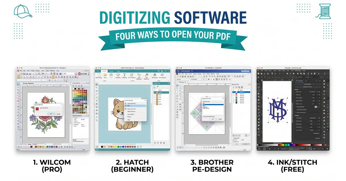 Screenshot mockup comparing four embroidery digitizing software interfaces