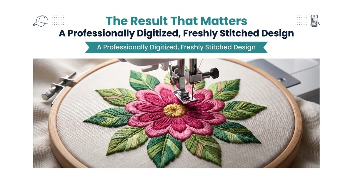 Finished floral embroidery design freshly stitched out on a computerized embroidery machine