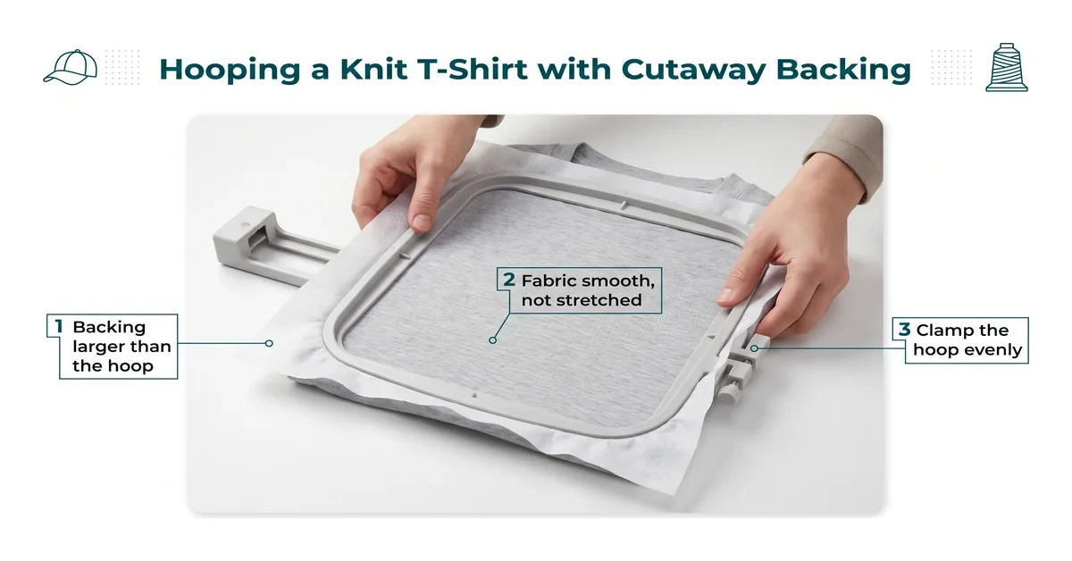 Hooping a knit t-shirt with cutaway backing before machine embroidery