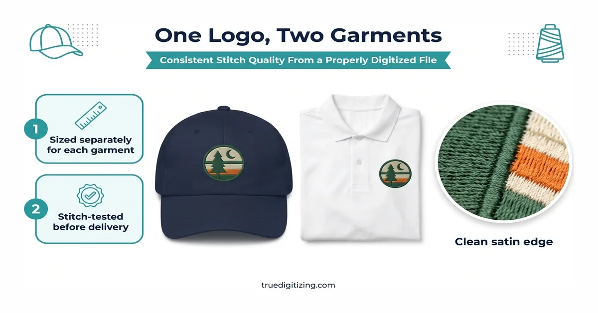 The same embroidered logo on a navy cap and a white polo shirt showing consistent stitch quality