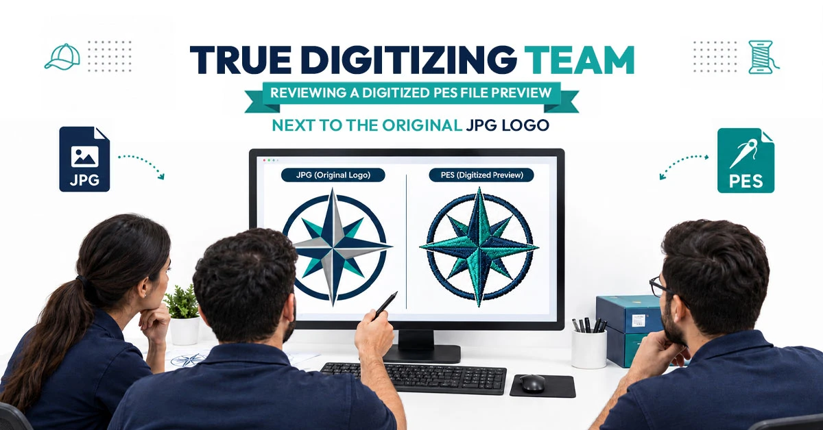 True Digitizing team reviewing a digitized PES file preview next to the original JPG logo