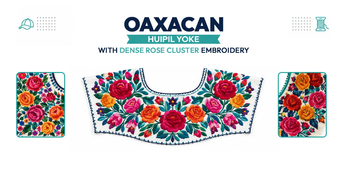Oaxacan huipil yoke with dense rose cluster embroidery