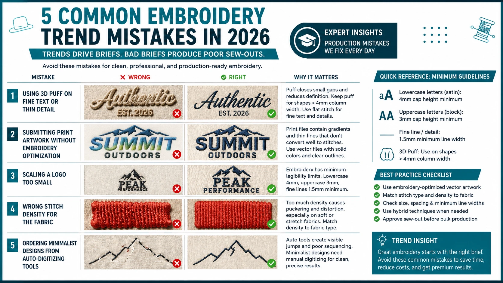 common embroidery digitizing mistakes puff on fine text print artwork not optimized