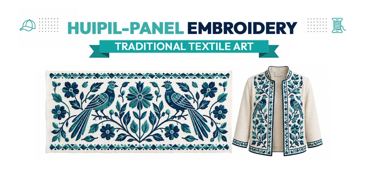 Huipil panel embroidery with symmetrical bird and vine motif