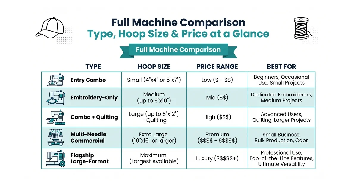 Comparison table graphic of embroidery machine models and prices